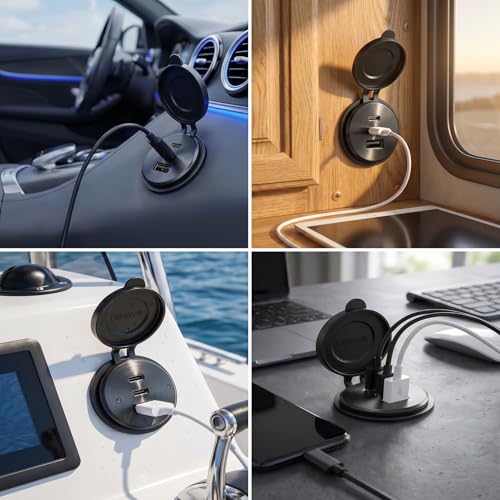 All-Aluminum 12V/24V RV USB Outlet 90W 3 Ports Recessed Mount Wall - color: Deep Black, size: 1P