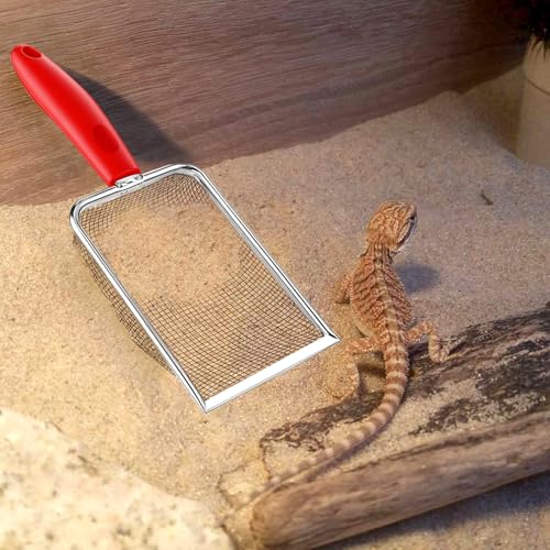 Stainless Steel Mesh Litter Shovel, Fine Mesh Metal Reptile Litter Cleaner Scooper, Black Non-Slip Handle Sifter for Lizard Substrate Reptile Terrarium Sand Waste, Red