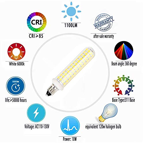 New Upgrade -E11 led Bulb,125 LEDs 100W 120W Halogen Bulbs Equivalent, 10w 1100lm, E11 Mini Candelabra Base White 6000k,AC 110V/130V,JD T3 T4 Bulb (2 Packs) - color: White*2, size: 2 Count (Pack of 1)