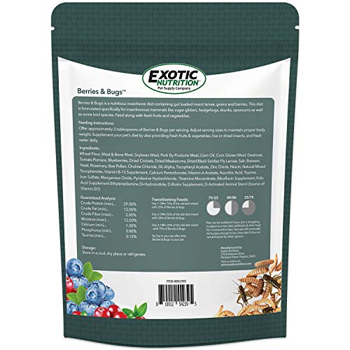 Berries & Bugs 1.5 lb - All Natural High Protein High Fiber Food for Hedgehogs, Skunks, Opossums, Sugar Gliders - Universal Insectivore Diet with Fruit, Gut-Loaded Insects, & Healthy Vitamins - size: 1.5 Pound (Pack of 1)