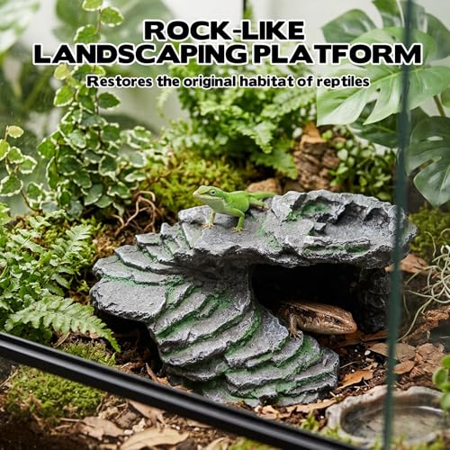 Reptile Hide Cave with Feeding Dish, Basking Platform & Climbing Ledge for Lizards, Natural Rock Style Habitat for Gecko Bearded Dragon Terrarium Decor