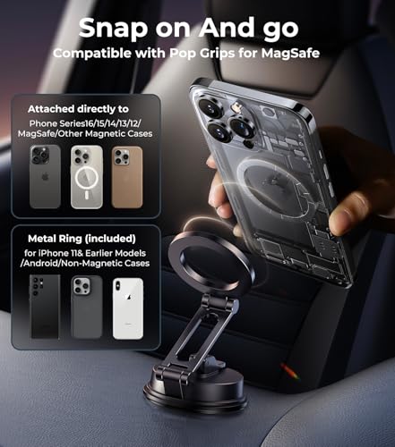 【Vacuum Suction Folding Car Mount】Magnetic Car Phone Holder for magsafe, Aerospace Alloy Arm, Best Dashboard/Windshield/Screen Holder for Your Car/Tesla/Gym/Mirror/Shower/Smooth Surface/iPhone - size: Windshield+Dash+Mag Safe