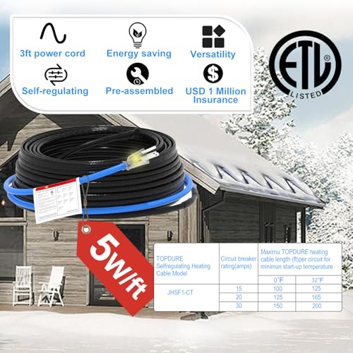 Sewage Pipe Heating Cable 18FT 120V Self-Regulating for Freeze Protection in Wastewater Systems, Sump Pumps and Roof De-Icing with Fluoropolymer Corrosion-Proof Technology - style: 18FT