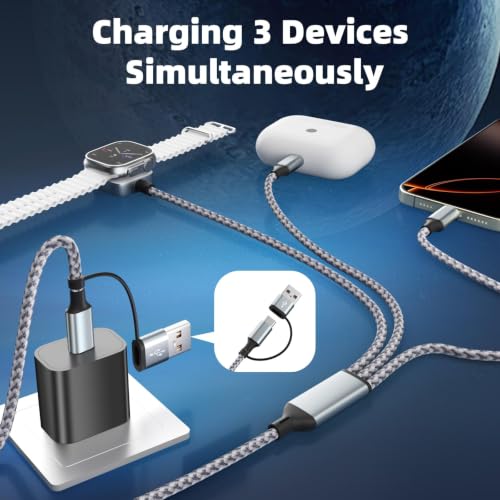 Travel Essentials 3 in 2 Multi Charging Cable for iWatch Charger/IP/USB-C - color: Greyiwatch, size: 2Pack 5FT