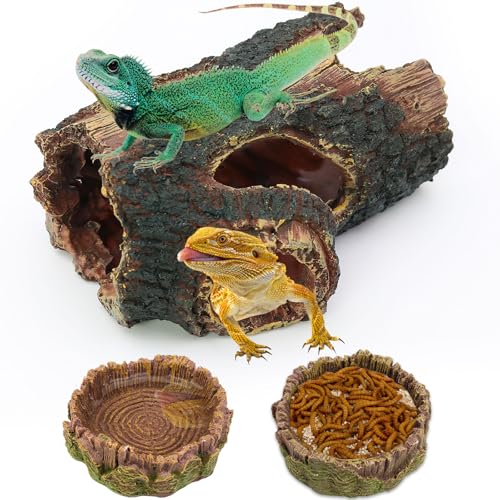 3 pcs Large Reptile Hide Cave Set with Food & Water Bowls. Natural Resin Hollow Tree Trunk Hideout. Reptile and Fish Tank Accessories for Geckos, Lizards, Snakes and Hermit Crabs
