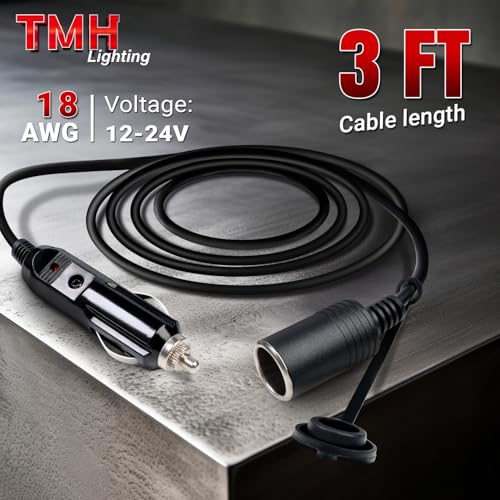 TMH 3FT Cigarette Lighter Extension Cord – 18AWG 12V/24V DC Power Cable, Male to Female Socket Adapter for Car, Truck, RV, Boat Electronics - size: 18 AWG - 3 FT