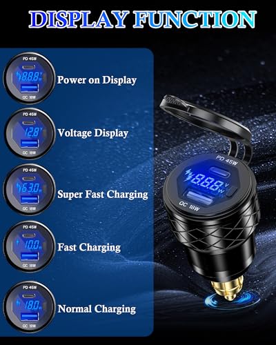 DIN Hella Plug to USB Charger, 45W USB-C PD3.0 & 18W QC3.0 Motorcycle USB Outlet for BMW Triumph Ducati, Waterproof Dual Fast Charge Powerlet Socket with LED Voltmeter