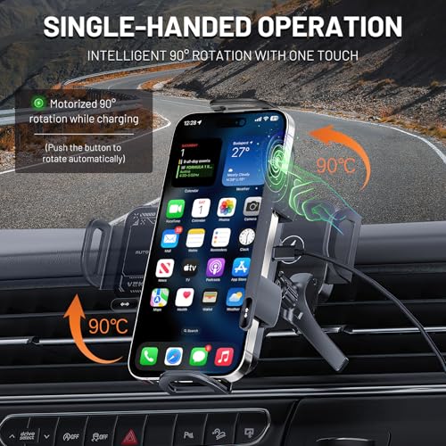 High Intelligent Mobile Phone/Pad Holder, 2 in 1 Auto Rotating Phone Holder, Car Charger Fast Charging, One-Touch Rotatable Car Vent Mount for Smartphone/Pads, Including Foldable Phones (Black)