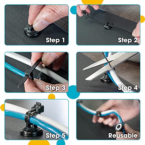 Magnetic Cable Zip Tie Mounts. Black. 12 Pack. Includes 12 Black Cable Zip Ties. Ideal for Cable Management