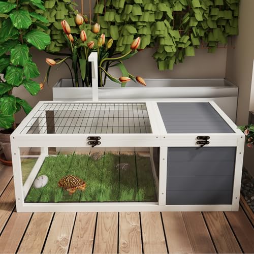 Wood Tortoise Habitat House Indoor with Lamp Holder ＆ Observation Window, Outdoor Tortoise Habitat Amphibians Reptile Cage with 2 Removable Waterproof Trays for Small Animals (Gray C)
