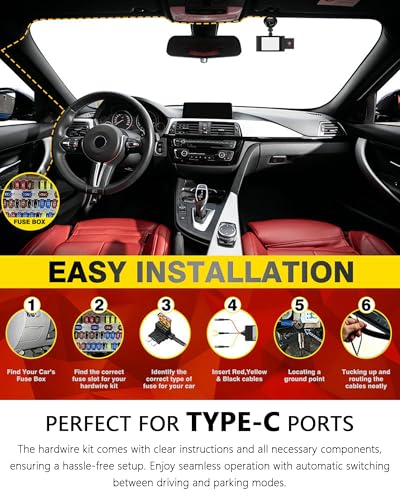 PATILWON Dash Cam Hardwire Kit USB C Port, 11.5ft Dashboard Camera Car Charger Cable 12V- 24V to 5V/3A Low Voltage Protection