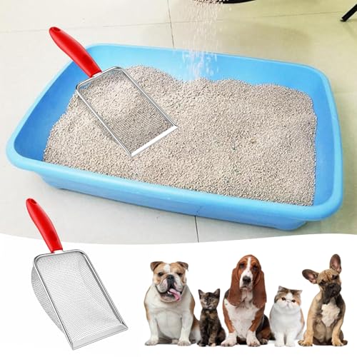 Stainless Steel Mesh Litter Shovel, Fine Mesh Metal Reptile Litter Cleaner Scooper, Black Non-Slip Handle Sifter for Lizard Substrate Reptile Terrarium Sand Waste, Red