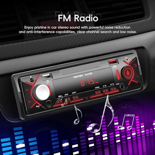 Single Din Car Stereo with Bluetooth 5.0 Hands Free Calling Digital Car Stereo Receiver FM Radio Car Mp3 Player Audio Multimedia System with 2 USB/AUX FM Radio USB Quick Charge LCD Digital Display