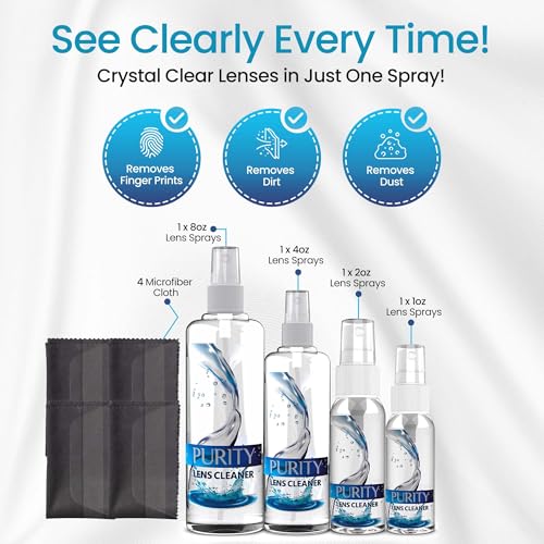 Purity Eyeglass Cleaner Family Pack - Multi-Size Glasses Lens Cleaner Kit - style: 8 Piece Set - (1oz + 2oz + 4oz + 8oz Lens Spray) + 4 (Microfiber Cloth)