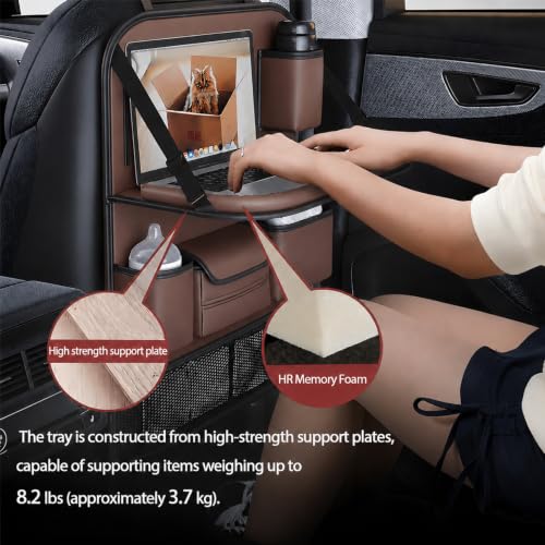2 Pack Leather Car Backseat Organizer with Foldable Table Tray, Universal Car Seat Back Protector Kick Mat with Touchscreen Tablet Holder, Storage Pockets, Cup Holders & Tissue Holder, Brown - color: Brown