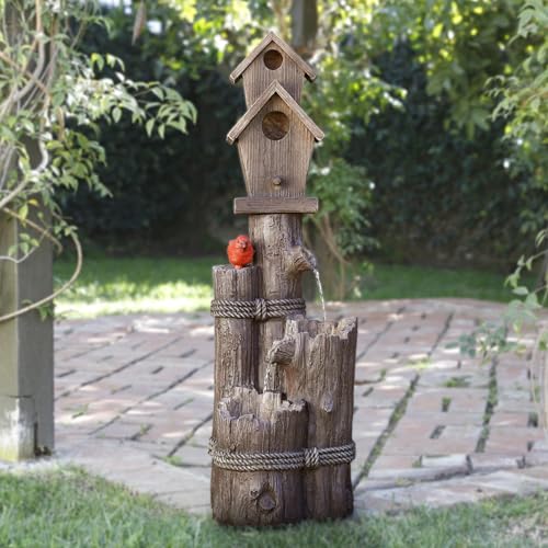 Alpine Corporation 35" Tall Outdoor 3-Tier Birdhouse Water Fountain with Cardinal Accent, Rustic Floor Decor for Garden and Patio, Brown - style: 3- Tiered Log & Branch