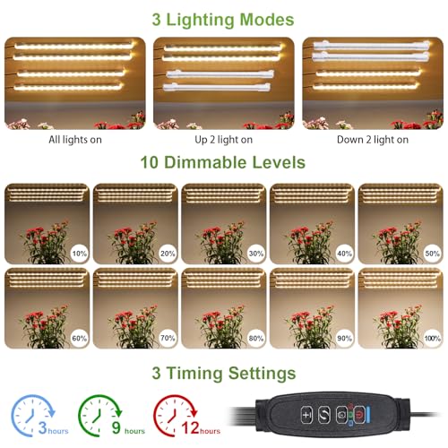 8.6'' LED Grow Light Strips, Full Spectrum 3500K Grow Lights for Indoor Plants, 4 Head with 3/9/12H Timer, 10 Dimmable Levels, Suitable for Seedling, Succulent, Plant Shelf and Greenhouse, 1-Pack - color: 4 Head 1 Pack