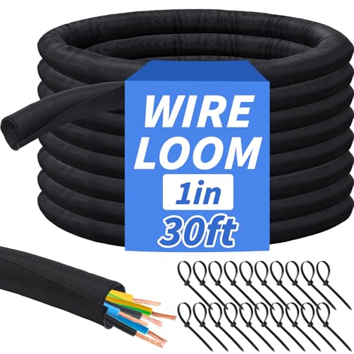 30ft - 1in Split Braided Sleeve Cable Management, Self-Wrapping - size: 1inx30ft