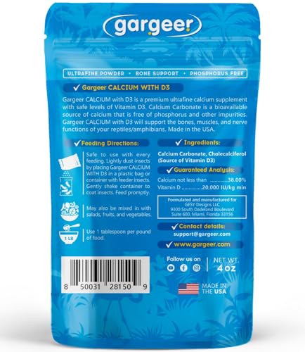 Gargeer 4oz All Reptile Calcium Powder with Vitamin D3, Phosphorus-Free, Ultrafine Powder, Pure Dust & Ready to Use for All Reptiles, Lizards & Amphibians Supplement. Made in the USA. Enjoy !