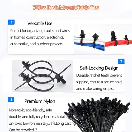 70Pcs Cable Ties Push Mount Nylon Zipper Clips Zip Ties Heavy Duty Plastic Push in Zipties for Car 7 Most Popular Sizes Self Locking Zip Tie Clips - color: Ct-70pcs