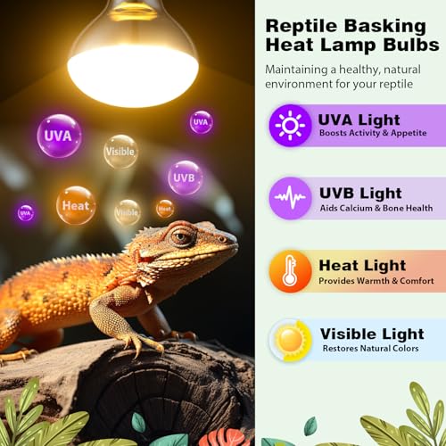 2 Pack 100W Reptile Heat Lamp Bulbs, Full Spectrum UVA/UVB Reptile Light Bulb and Basking Spot Light, UVB Light for Reptiles and Bearded Dragon, Turtle, Lizard, Snake, Amphibians - style: 2PCS 100W UVB Bulbs