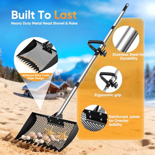12inch Chicken Poop Scooper & Rake 2-in-1, Heavy Duty Metal Chicken Coop Scoop for Sand with Ergonomic Grip, Adjustable Angle Stainless Steel Chicken Coop Rake Litter Sifting Shovel (37-64") - color: Black