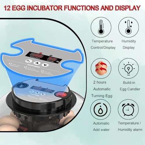 12-24 Egg Incubator with Automatic Egg Turning and Humidity Control,Water Refill,Egg Candler,Incubators for Hatching Chicken,Ducks,Goose,Quail,Pigeon,Parrot,Turkey for Farm, Home,Science Classroom
