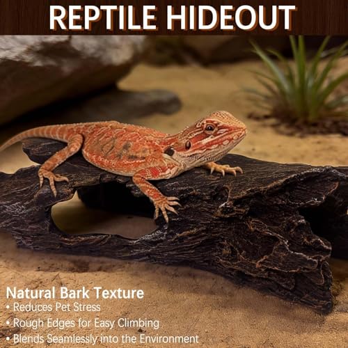 Tfwadmx Leopard Gecko Hide, 10" Reptile Hideout, Resin Simulated Hollow Log for Aquarium, Betta Fish Hideout, Reptile Tank Accessories for Corn Snakes, Lizards, Axolotls