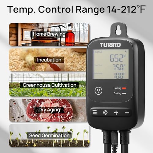 [2 Pack] TURBRO Smart Temperature Controller Heating Cooling, WiFi-Enabled Thermostat with Timer and Temperature Monitoring for Home Brewing, Seedling, Greenhouse, and Reptile Terrarium