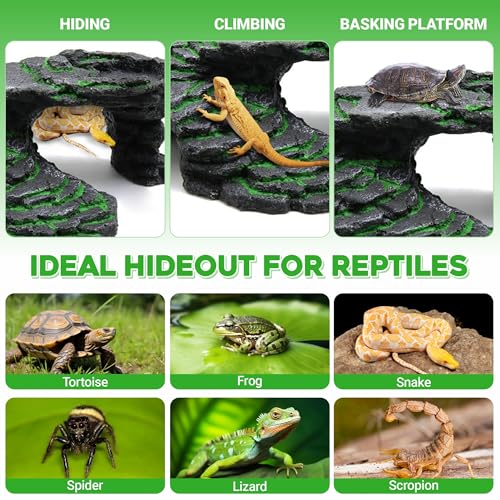 GOZILLA Turtle Basking Platform Kit, Reptile Habitat Hideout, Decorative Resin for Aquarium & Terrarium, Including Artificial Plant*2.(Black-M-Kit)