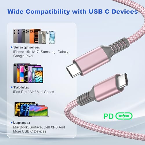 Basesailor USB C to USB C 60W Cable 6.6FT 2Pack Pink Braided Fast Charging - color: Pink, size: 6.6FT/2M