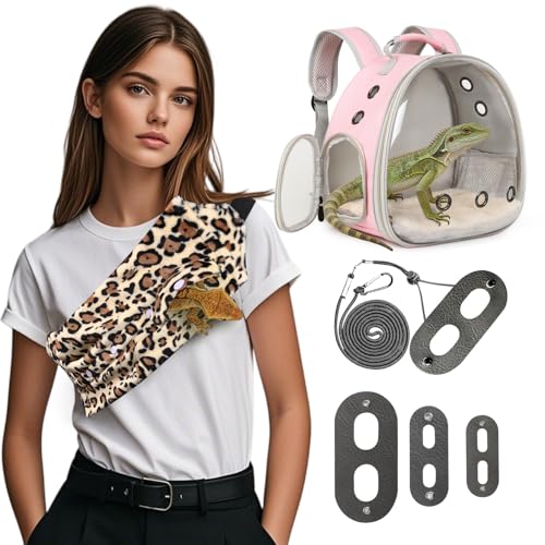 Portable Bearded Dragon Backpack Carrier with Leash and Harness Set, Beardie Carrier, Lizard Adjustable Harness with Leather Wings and Sling Bag, Reptile Small Pet Travel Cage - color: Pink