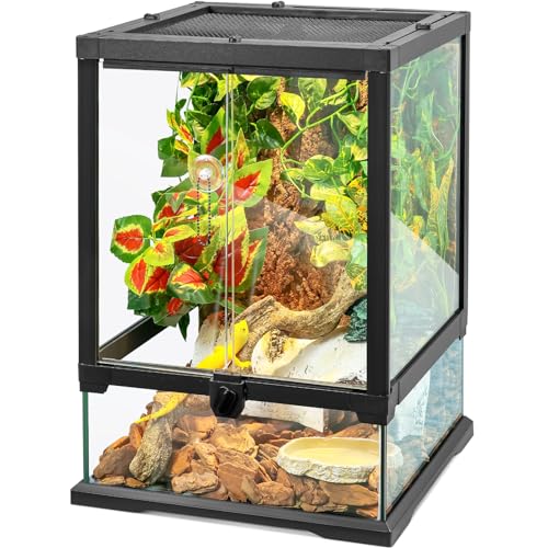 18x12x12 12 Gallon Glass Reptile Tank Front Opening Terrarium Suitable for Leopard Geckos, Snakes Tree Frogs Chameleons Watertight Base, Ventilated Metal Mesh Top, Pre-Drilled Cable Holes - size: 18'' x 12.6'' x 12.6''