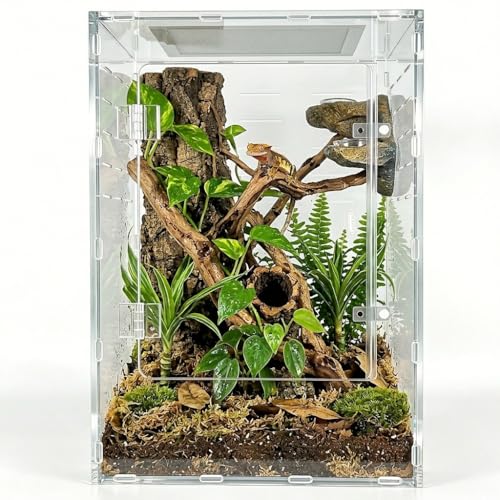 12" x 12" x 18" Reptile Enclosure, Clear Acrylic Terrarium with Front Opening Doors, Screen Top Ventilation, Secure Lock for Arboreal Reptiles - color: Clear