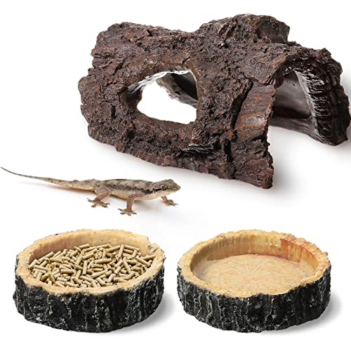 Reptile Hide & Food Bowls - Lizard Resin Hollow Tree Trunk Hideout, Bearded Dragon Tank Accessories - Water Dish Habitat Tank Decoration for Lizards, Snake, Gecko - 3 Pcs (Brown Rock)