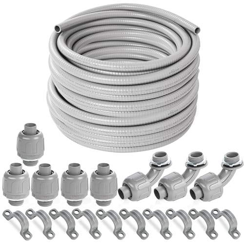 (1/2" Dia * 100 Feet) Yariwiz Flexible Electrical Conduit Liquid Tight PVC Conduit Kit with 5 PCS Coupling, 3 PCS Elbow and 10 PCS Strap, Sealtight Seal Flex Liquidtight Wire Outdoor Non Metallic Grey - style: 1/2"-100ft Kit-Grey