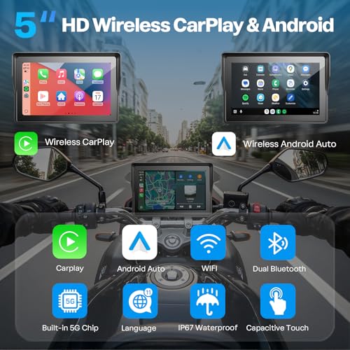 WonVon 5 Inch Motorcycle Carplay GPS Navigation System with Apple Carplay and Android Auto Portable Screen with Dual Bluetooth, Navigation, Siri, Google Assistant（Not Inchluded TPMS） - color: 5 Inch