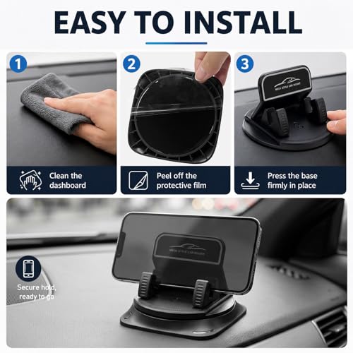 Car Dashboard Phone Holder, 360 Degree Rotatable Auto Dash Phone Holder with Anti-Slip Grips, Horizontal & Vertical Dashboard Smartphone Navigation Bracket for Most Cars