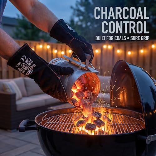 RAPICCA Fireplace Fire Pit Gloves, 662°F Fireproof Leather, 14 in Black | For Wood Stove, Campfire, Charcoal, Cast Iron, BBQ Grill, Oven, Stick & MIG Welding, Forge, Dry Ice - color: Black(length 14in)