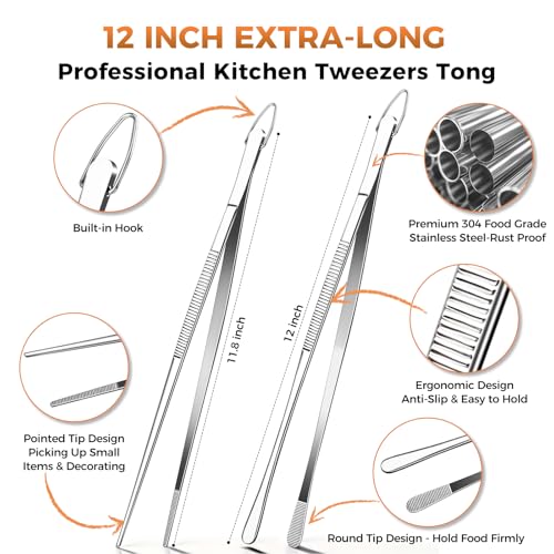 12 Inch Kitchen Tweezer Tongs, 2 PCS Stainless Steel Round & Precision Pointed Tip Extra Long Tweezers Multi-Use Kitchen Tweezers for Cooking, BBQ, plating, Grilling & Food Prep