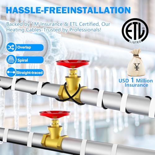 Sewage Pipe Heating Cable 125 FT 120V Self-Regulating for Freeze Protection in Wastewater Systems, Sump Pumps and Roof De-Icing with Fluoropolymer Corrosion-Proof Technology - style: 125FT