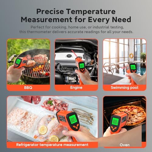 Infrared Thermometer Gun, -58°F to 1022°F, 12:1 Non-Contact | Fast Surface Temperature Reading，12:1 Non-Contact Measurement，Ideal for Cooking & Home Repairs - color: Orange/-58°F to 1022°F