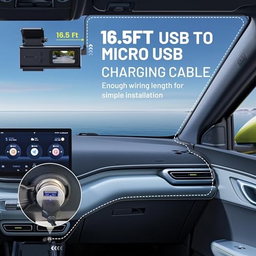 EWAY Dash Cam Mircro USB Power Cord 16.5ft, USB 2.0 A to Micro-B Left Angle 90 Degree Replacement Power Supply Cable Car Charger Adapter USB Connector for Dashcam Dash Board Recorder Recording Camera