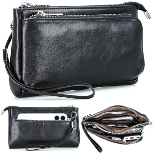 Electronic Organizer Zipper Bag Tech Kit, Top Grain Leather Handmade, Portable Compact Travel Apple Accessories Storage Pouch Fits Phone, USB Cables, Power Banks, Chargers, Hard Drive, Black - color: Vintage Black -【Fits Apple Accessories】- 2