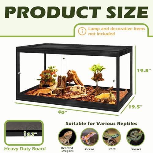 PROLEE Reptile Tank, 65 Gallon Beard Dragon Tank, Tempered Glass Reptile Encloure and Snake Tank with Locking Design for Lizard,Gecko,Chameleon (40"X19.5"X19.5",Black) - color: Black, size: 65 Gallon (40x19.5x19.5 Inch)