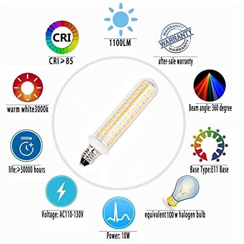 New Upgrade -E11 led Bulb,125 LEDs 100W 120W Halogen Bulbs Equivalent, 10w 1100lm, E11 Mini Candelabra Base Warm White 3000k,AC 110V/130V,JD T3 T4 Bulb (2 Packs) - color: Warm White*2, size: 2 Count (Pack of 1)