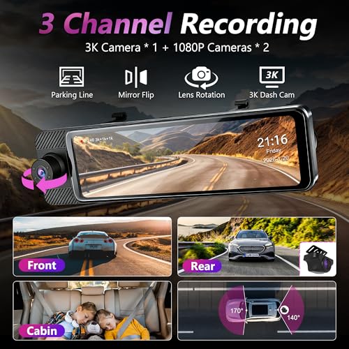 3 Channel Mirror Dash Cam with Front 3K, Cabin & Rear 1080P, 11" Rear View Mirror Camera with WiFi/Night Vision/G-Sensor/Parking Monitor/Reverse Assist /128GB, Backup Camera for Cars/Trucks