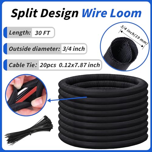30ft - 3/4in Split Braided Sleeve Cable Management, Self-Wrapping - size: 3/4inx30ft
