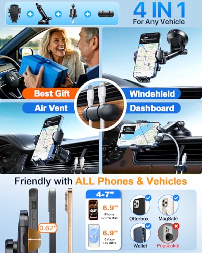 YRU True Military-Grade 360°Rotation Suction 2026 Ultimate Car Phone Holder - color: Jet Black