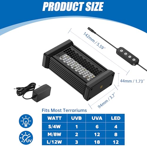 Reptile UVB Light & Heater Lamp, 5inch Aluminum UVA UVB LEDfor Rainforest and Desert Reptiles, Geckos, Chameleons and Bearded Dragons, Adjustable 6/10/12H Timer, Dimmable with 3 Lighting Modes - size: 5inch